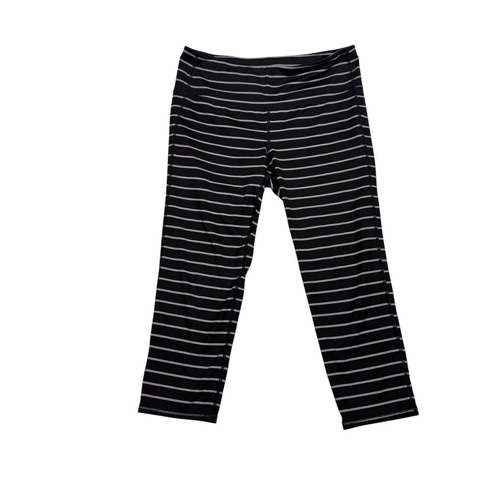 Athleta Womens Black Grey Striped Cropped Leggings Size Medium Mid Rise Capris